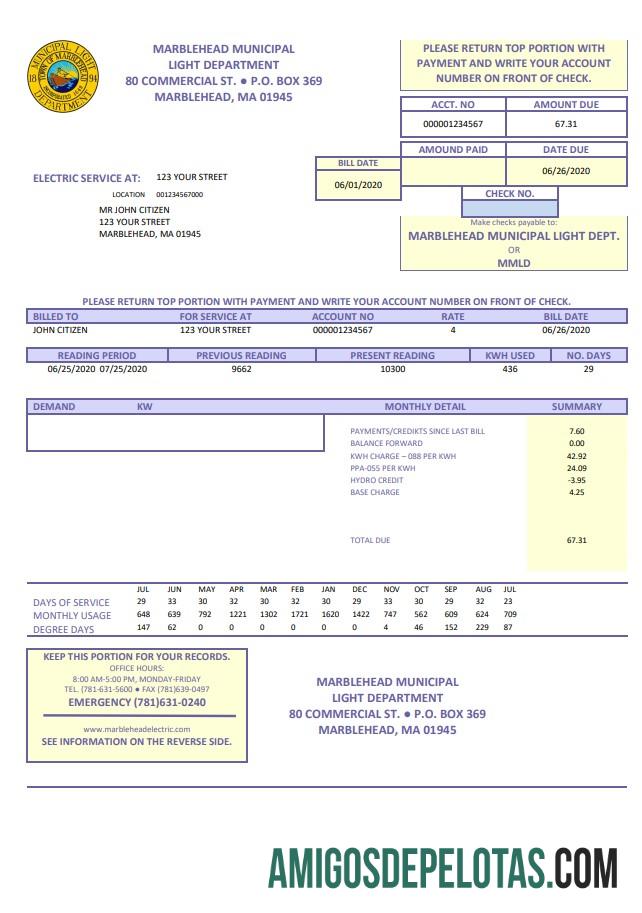 Para baixar modelo de conta de serviços públicos do Departamento Municipal de Luz dos EUA Marblehead em formato Word e PDF